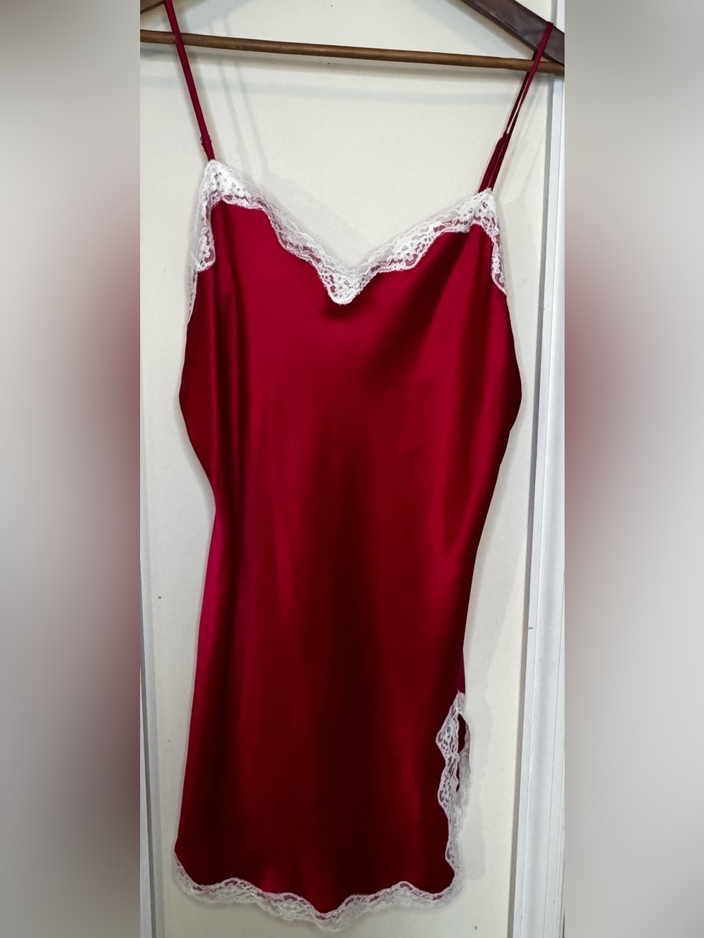 Victoria's Secret Red Satin Slip with White Lace Trim